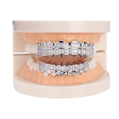 Baguette Teeth Grillz Set For Unisex Top Bottom Iced Out Cubic Zircon Stone Brass Material Hip Hop
