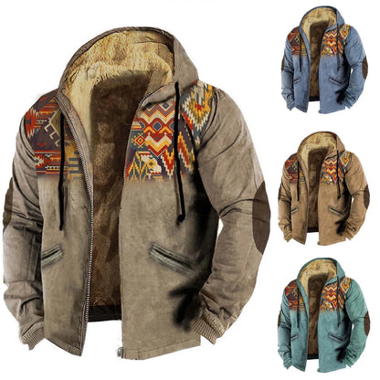 Men's Lamb Wool Jacket Fashion Retro Print Hooded Zipper Fleece Lined Hoodie Plush Bomber Jacket