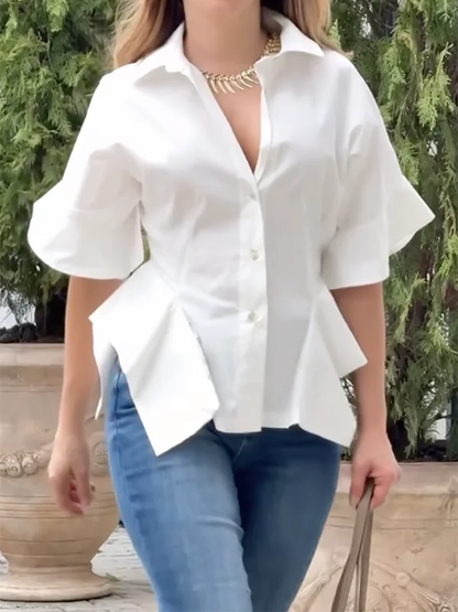 Cotton White Blouses Half Sleeve Loose Buttoned Solid Color Casual Asymmetrical