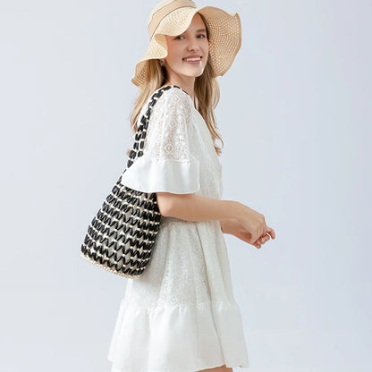 Women Hollow-out Bucket Bags Woven Hand Bag Wooden Bead Shoulder Bags Beach Top-Handle Bags Summer Netted Canvas Tote Handbag