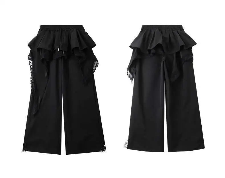Y2K Black Cargo Pants Women Lace Patchwork White Wide Leg Pants