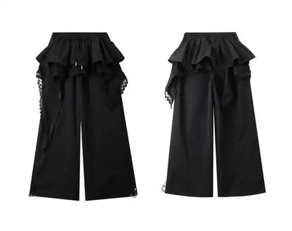 Y2K Black Cargo Pants Women Lace Patchwork White Wide Leg Pants