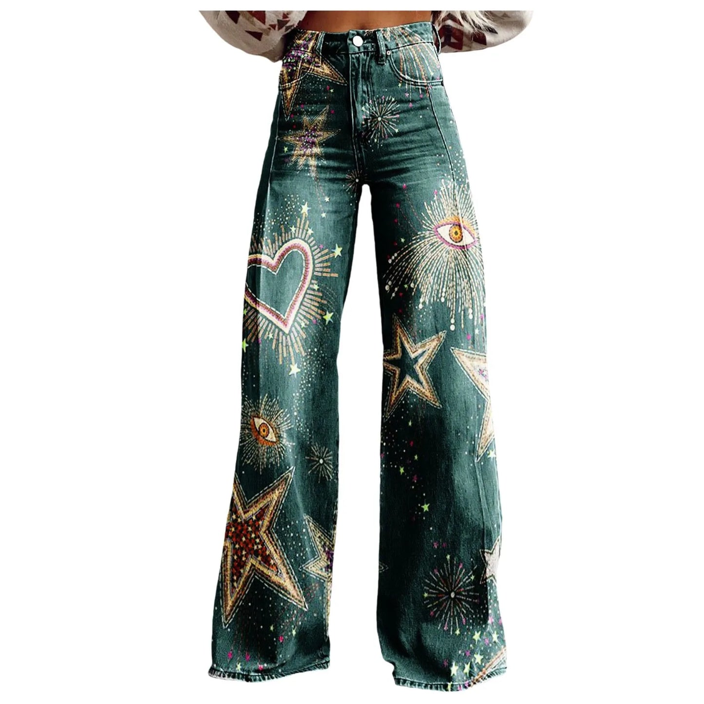 Womens Wide Leg Jeans High Waisted Casual Denim Floral Printed Trousers Women Jean Baggy