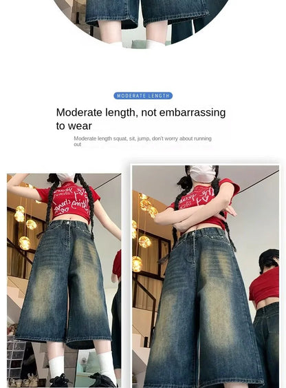 American Retro Old Seven-point Denim Shorts for Women Summer New High Waist Straight Wide-leg Casual Mid-leg Hot Pants Alo Skirt