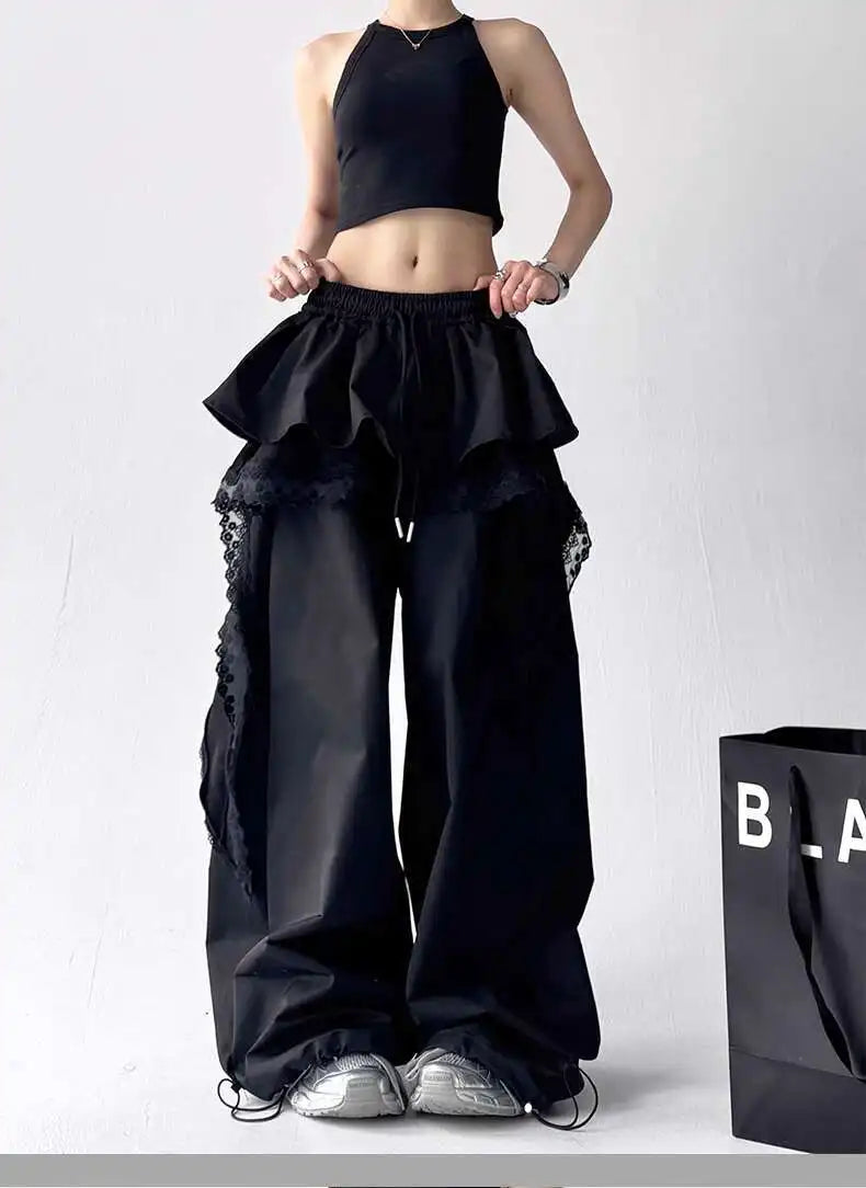 Y2K Black Cargo Pants Women Lace Patchwork White Wide Leg Pants