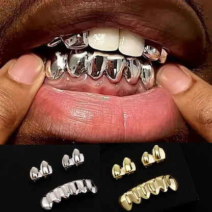 RACHELZ DIY Glossy Teeth Grillz Hip Hop Gold Silver Color Top Bottom Tooth Caps For Women Men Jewelry Halloween Cosplay Gift