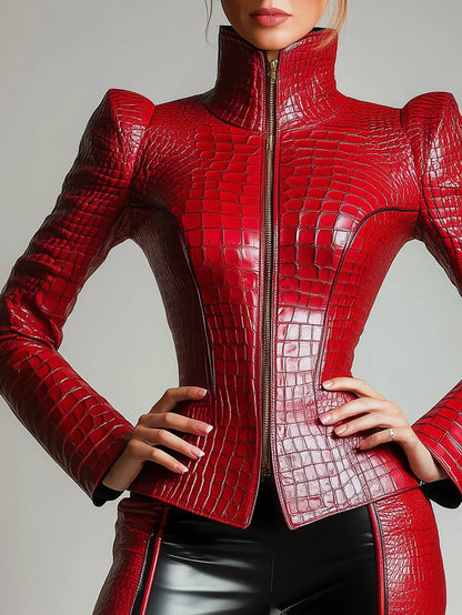 Fashion Women Alligator Pattern High Neck Long Sleeve Blouse Vintage Zipper Leather PU Tops High Street Streetwear Jacket
