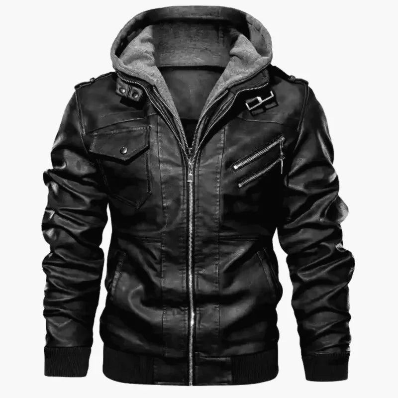 Motorcycle Leather Jacket Hat Detachable Men Hooded Slim Casual Coats