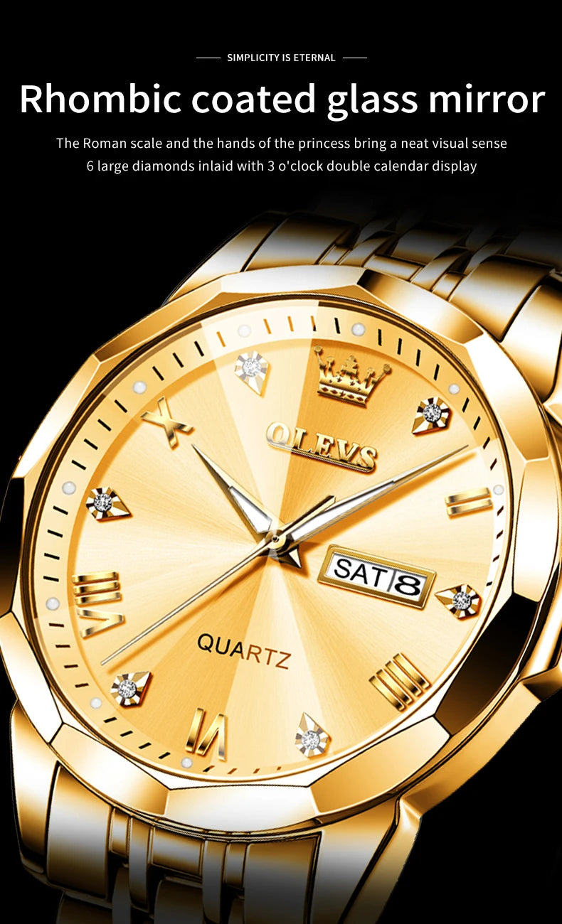 Gold Original Quartz Wristwatch Waterproof Luminous Watch for Male Rhombus Mirror Date Week