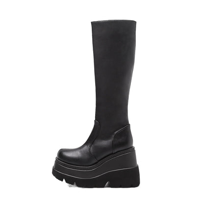 Wedge-heeled Mid-tube Boots Ladies Gothic Style Thick-soled Motorcycle Boots