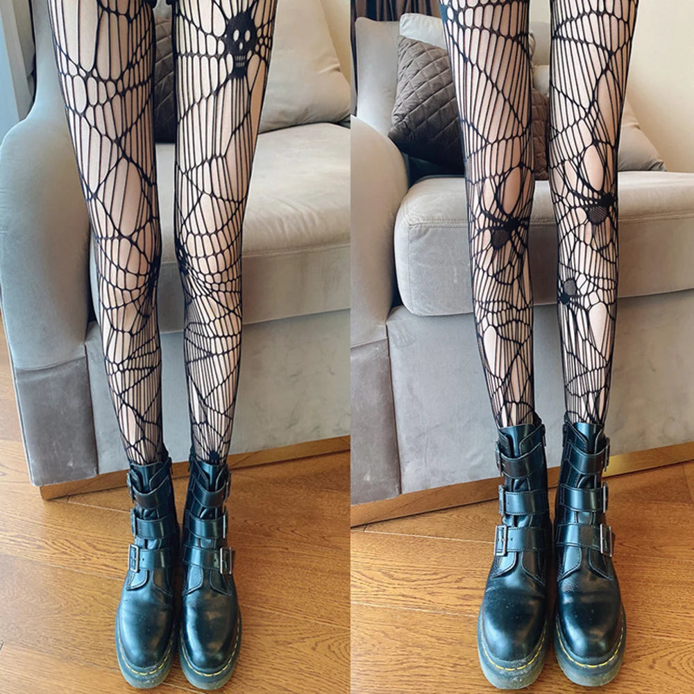 Goth Fishnet Pantyhose Spider Web Patterned Hollow Out Mesh Tights