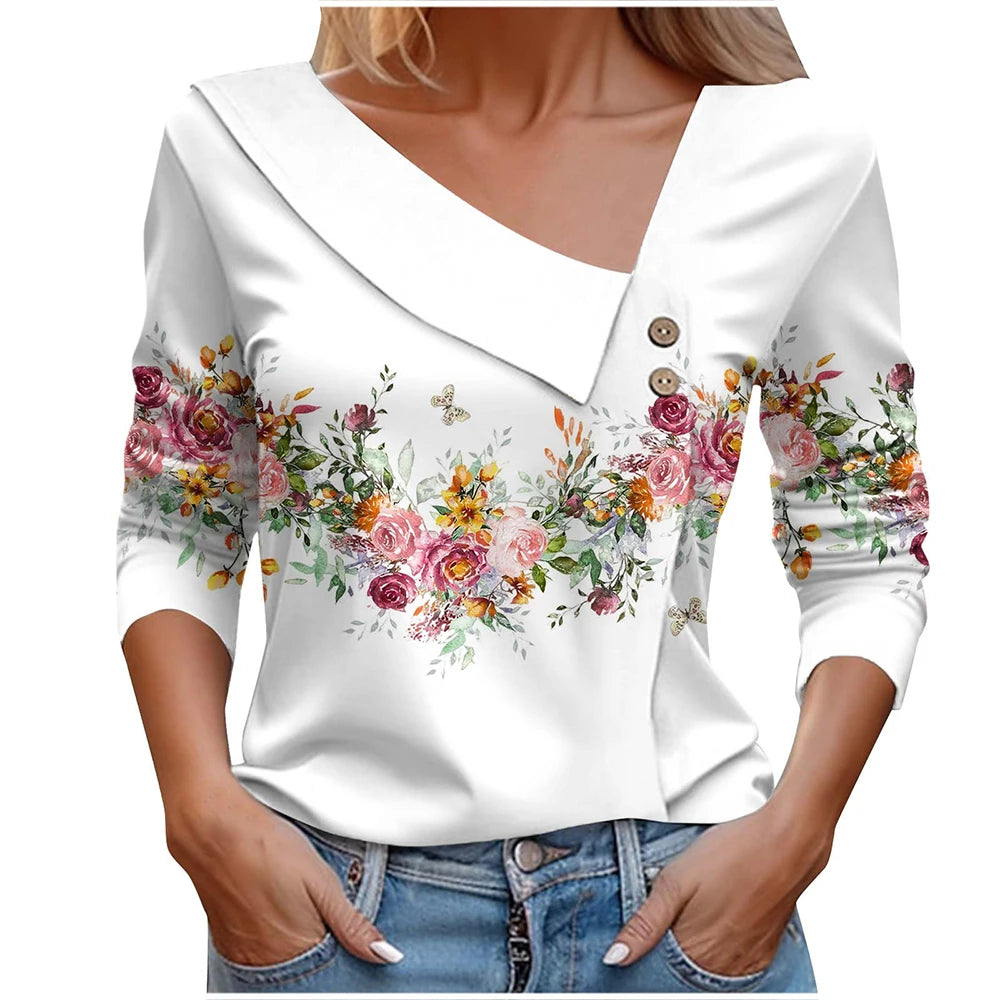 T Shirt For Women Fashion Long Sleeve Top White Floral Print Shirt