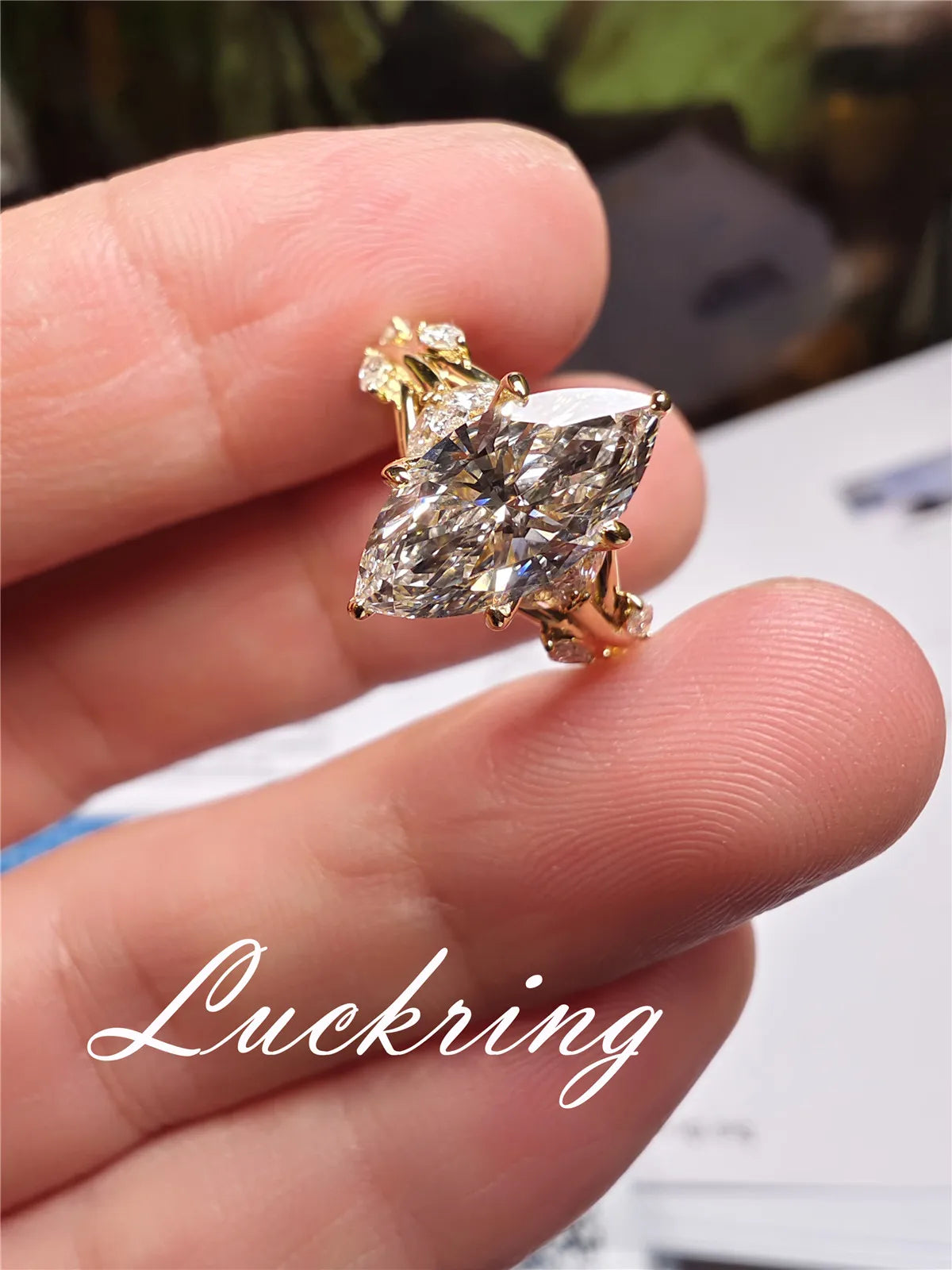 Custom 18K Solid Gold Lab-Grown Marquise Diamond 2 Carat E VVS2 Engagement Ring with Diamond Vine Design in 10K  YELLOW GOLD
