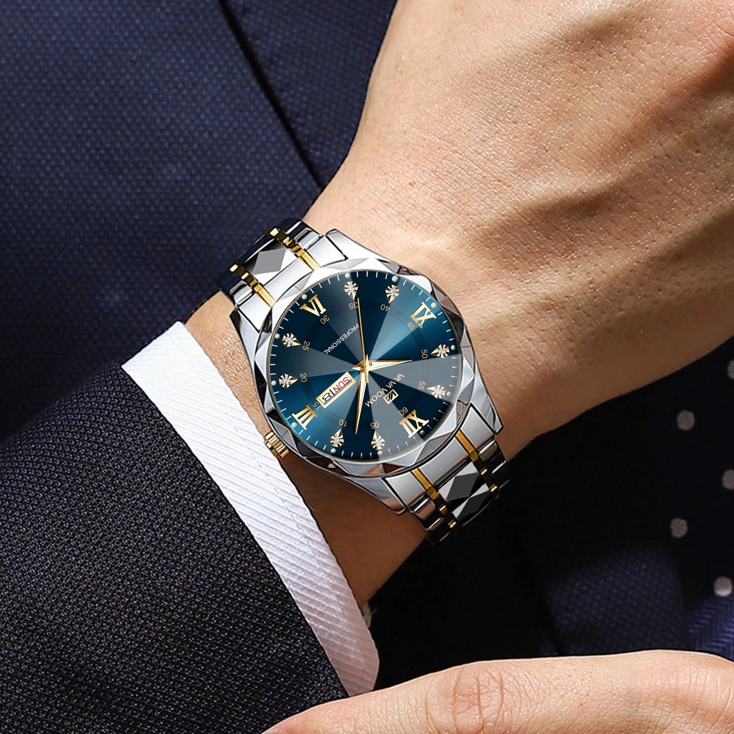 Men Watch Water Diamond Luxury Night Glow Double Calendar Quartz Movement 41mm Blue Gold Stainless Steel