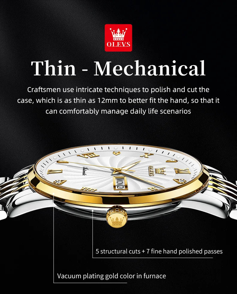 Automatic Mechanical Men Watch Threaded Dial Waterproof Stainless Steel Strap Classic Men's Watches Luxury