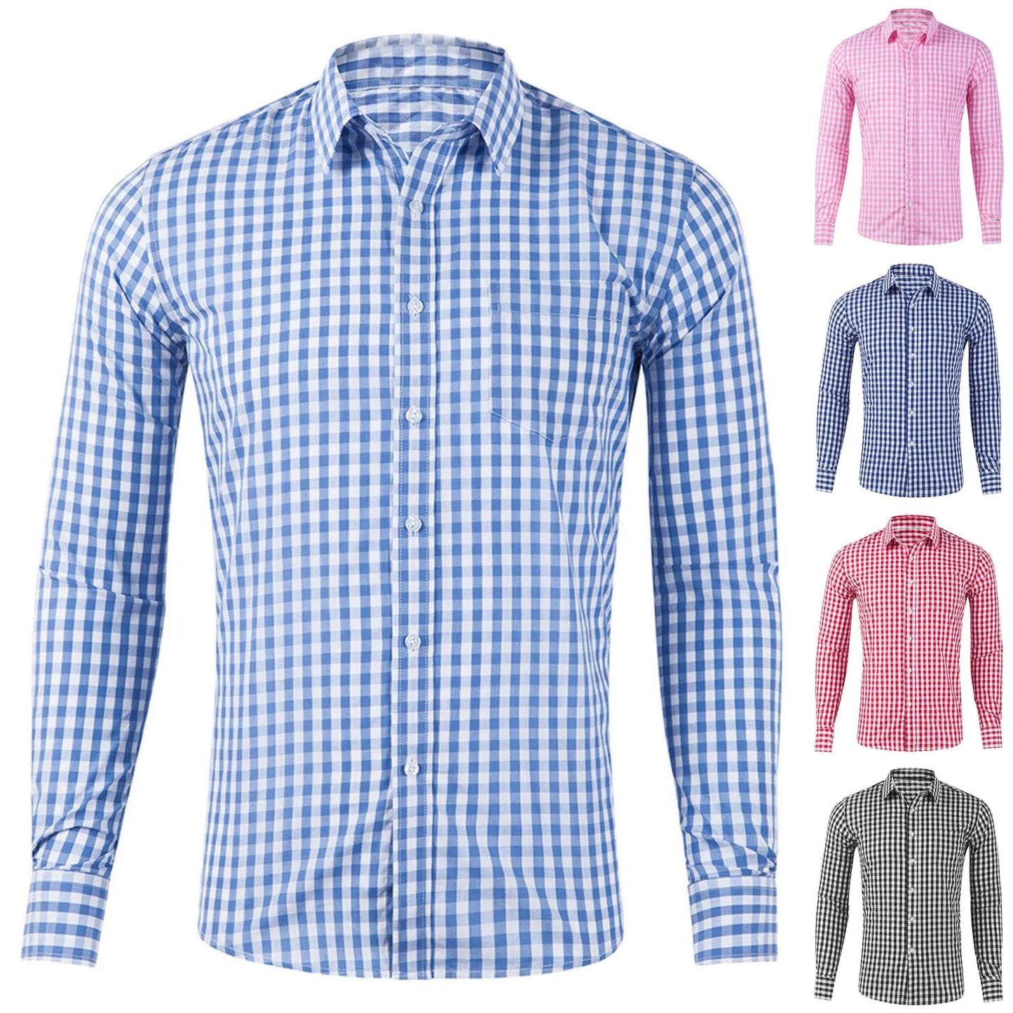 Men's Casual Plaid Shirt Pocket Turn Down Collar Button Long Sleeve Men's Shirt Blouse Pink Blue Shirt