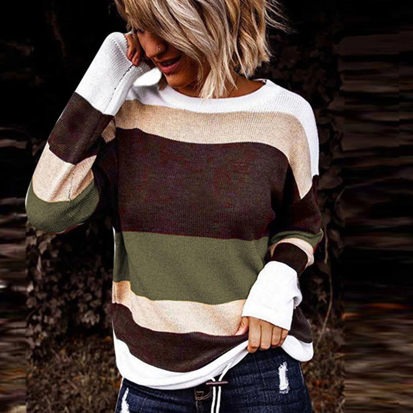 Plus Size Warm Sweater Round Neck Knitted Top Long Sleeve Color Block