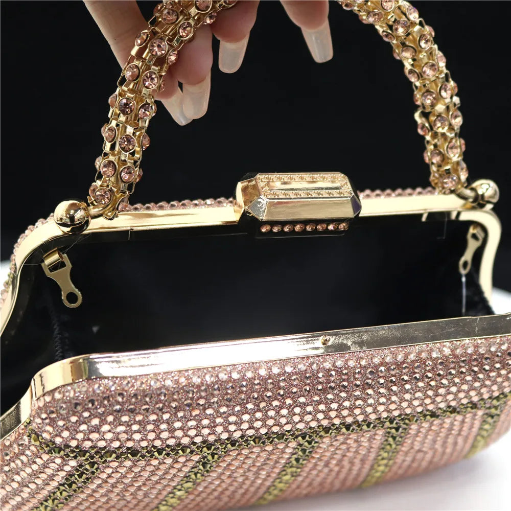 Exquisite Evening Bag With Diamond Design Fashion Handle Clutch Rhinestone Embellished Long Chain Bag