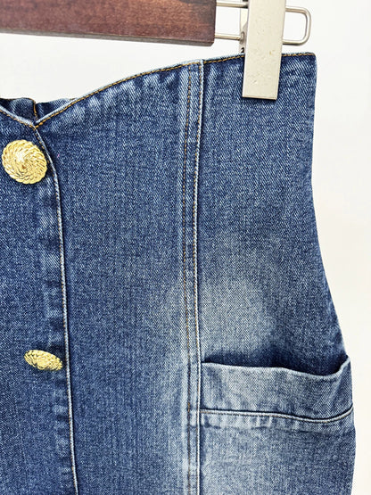 Women'S Double Breasted Slim Fit Denim Blazer Long Sleeve Jean Jacket High Waisted Pencil Mini Skirt Set