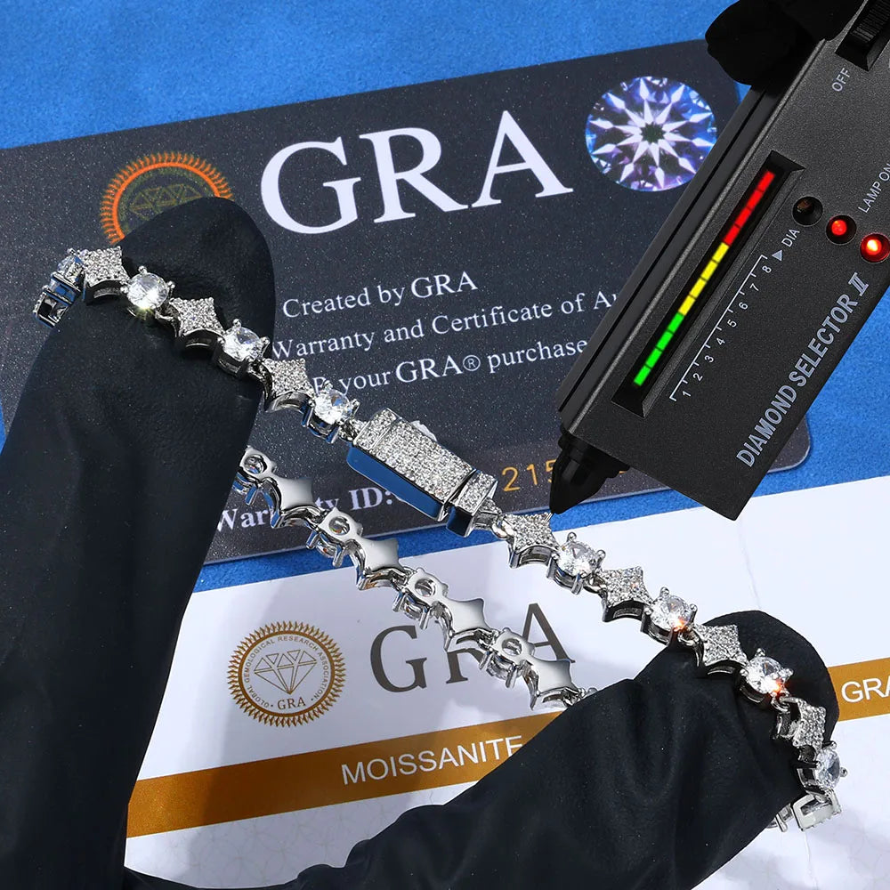 ICEBLING Hip Hop Jewelry 925 Solid Silver Star Bracelet D VVS Moissanite Diamond Cluster 6mm Tennis Chain for Men Women