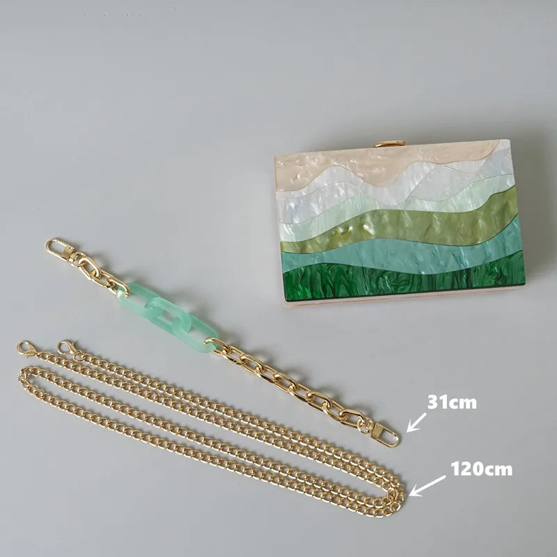 Womens Handbag Green Beige Striped Acrylic Luxury Casual Cute Box Clutch Purse