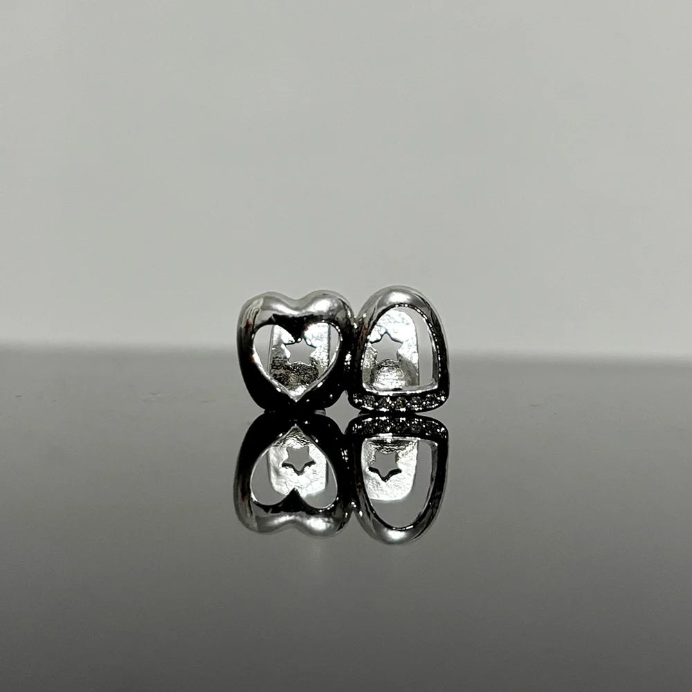 CZ Stone Double Hollow Heart Teeth Grillz Braces Vintage Punk Zircon Tooth Caps
