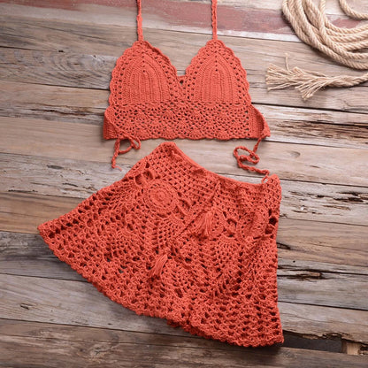 Swimsuits For Womens Crocheted Hollowed Out Two Piece Halter Bikini Sets