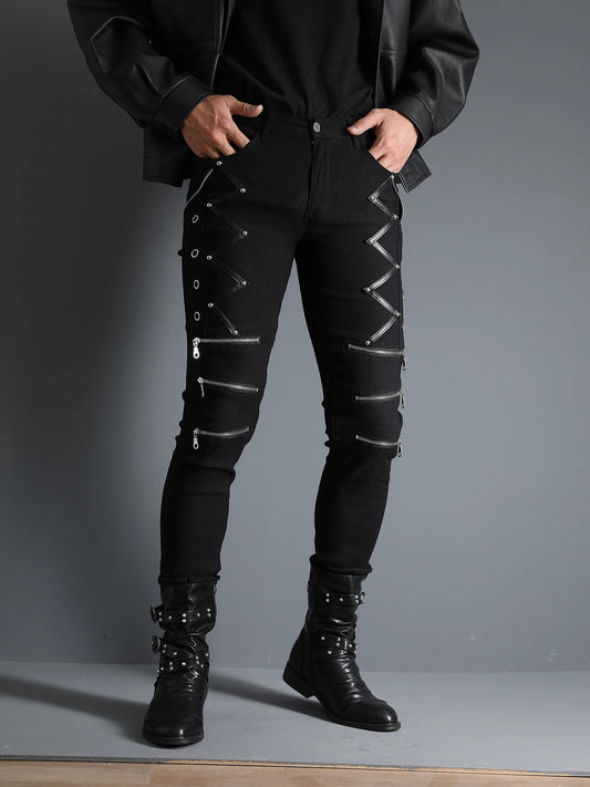 Men's Motorcycle Gothic Steampunk Zippers studded Rivet Elastic Stretchy Denim Jeans Biker Pants