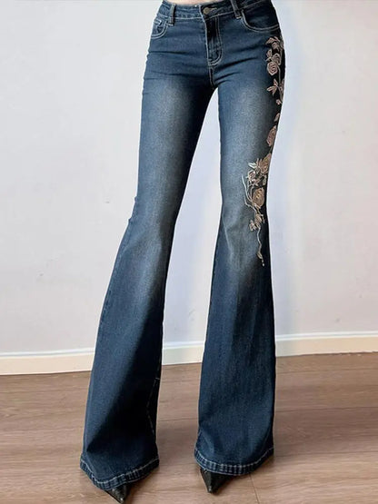 Woman's Flowers Embroidered Flared Denim Pants Slim Dragging Long Jeans