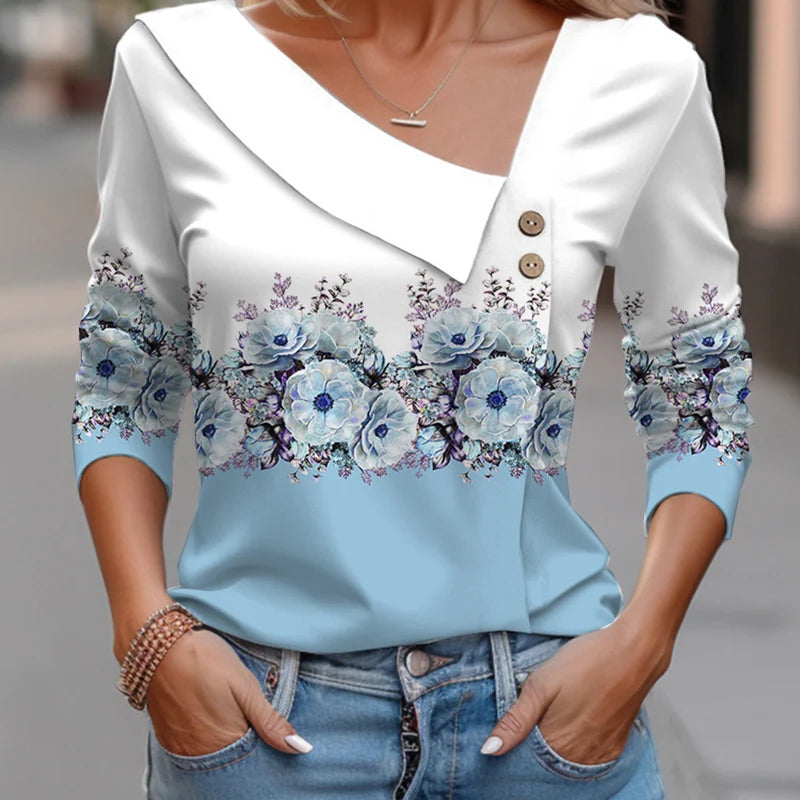 T Shirt For Women Fashion Long Sleeve Top White Floral Print Shirt