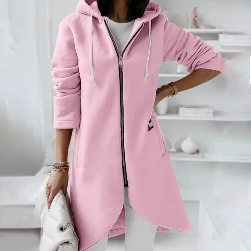 Autumn Women Long Hoodies Coat Zip Up Solid Hooded Casual Pockets Long Jackets