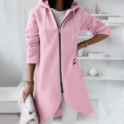 Autumn Women Long Hoodies Coat Zip Up Solid Hooded Casual Pockets Long Jackets