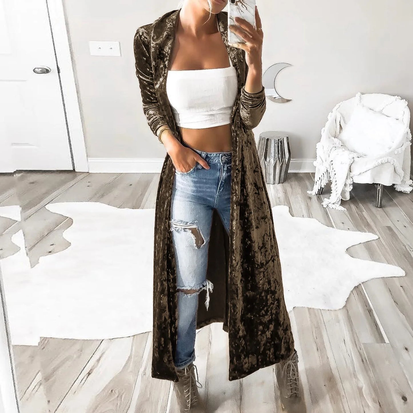 Women's Lightweight Overcoat Velvet Retro Open Front Cardigan Ladies Windbreaker