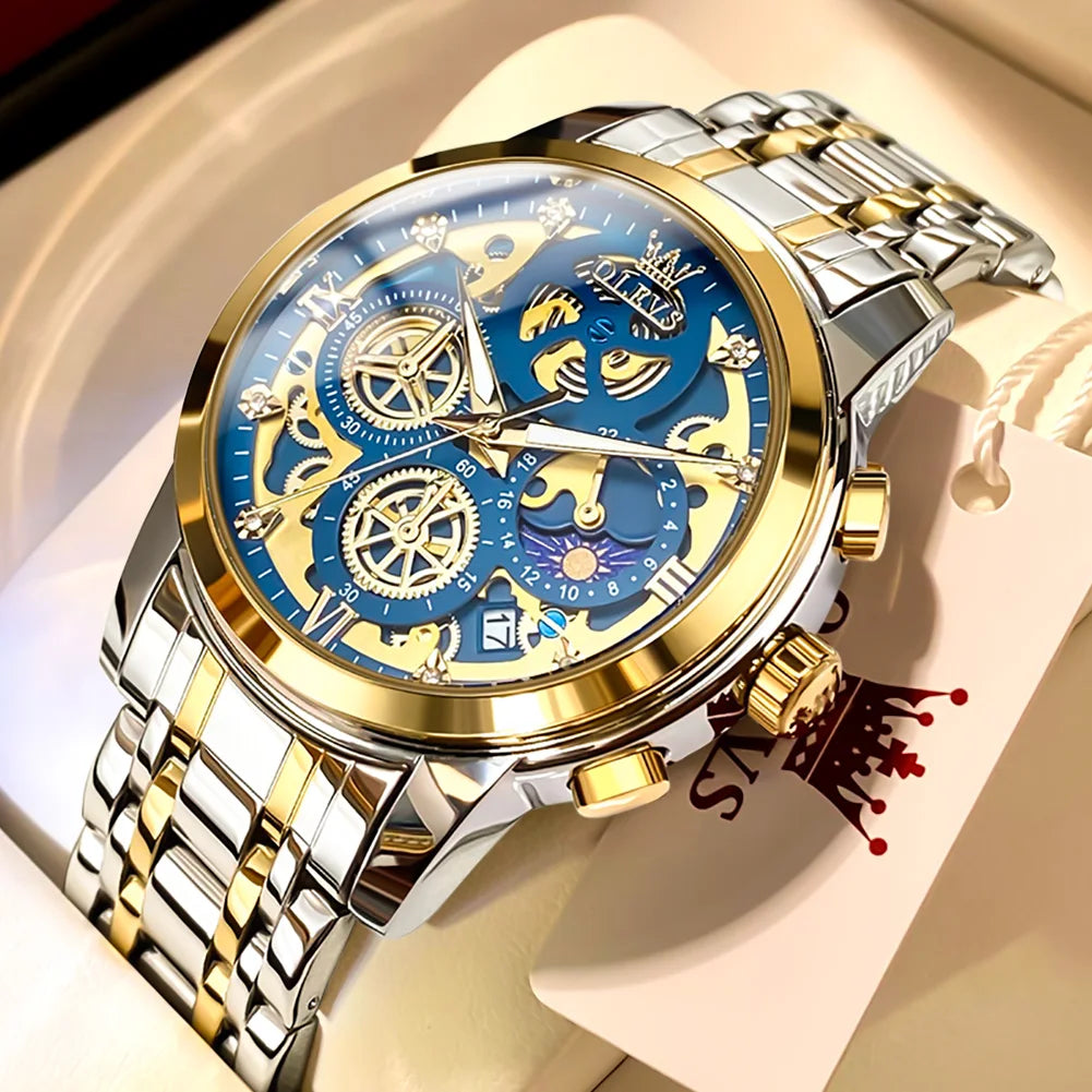 Top Brand Luxury Original Waterproof Quartz Watch for Man Gold Skeleton Style 24 Hour Day Night New