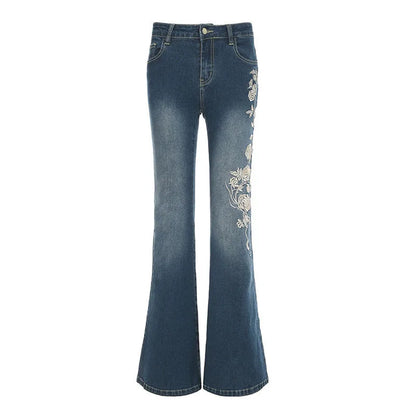 Woman's Flowers Embroidered Flared Denim Pants Slim Dragging Long Jeans