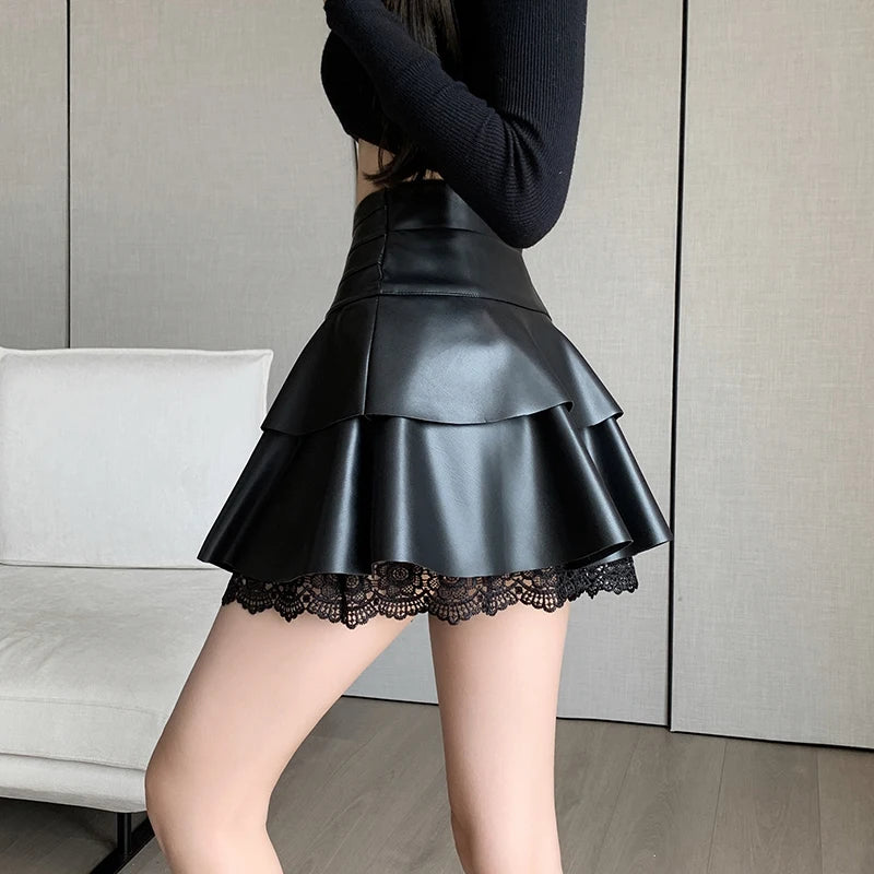 Women's Black Gothic Lace PU Leather Mini Skirt Y2K Harajuku High Street A-Line Short Skirt Sexy Retro 90S Fashion Clothing New