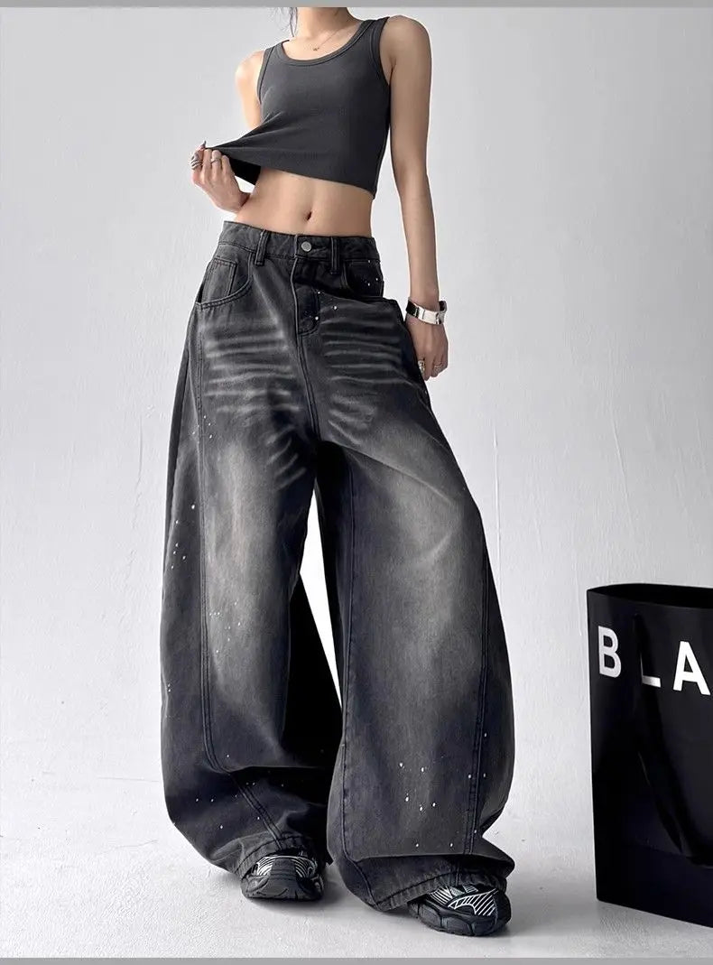 Women's Black Gothic Jeans Cargo Baggy Trousers Y2K American Harajuku High Street 2000S Aesthetic Wide Leg Jeans Pants 2025 New