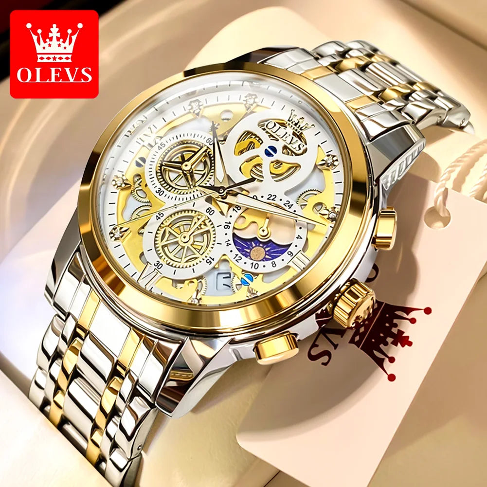 Top Brand Luxury Original Waterproof Quartz Watch for Man Gold Skeleton Style 24 Hour Day Night New