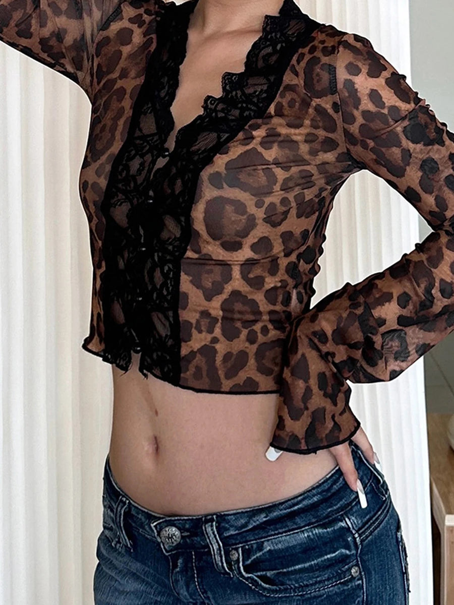 Women's Leopard Print Lace Patchwork V-Neck Button Down Long Sleeve Blouse