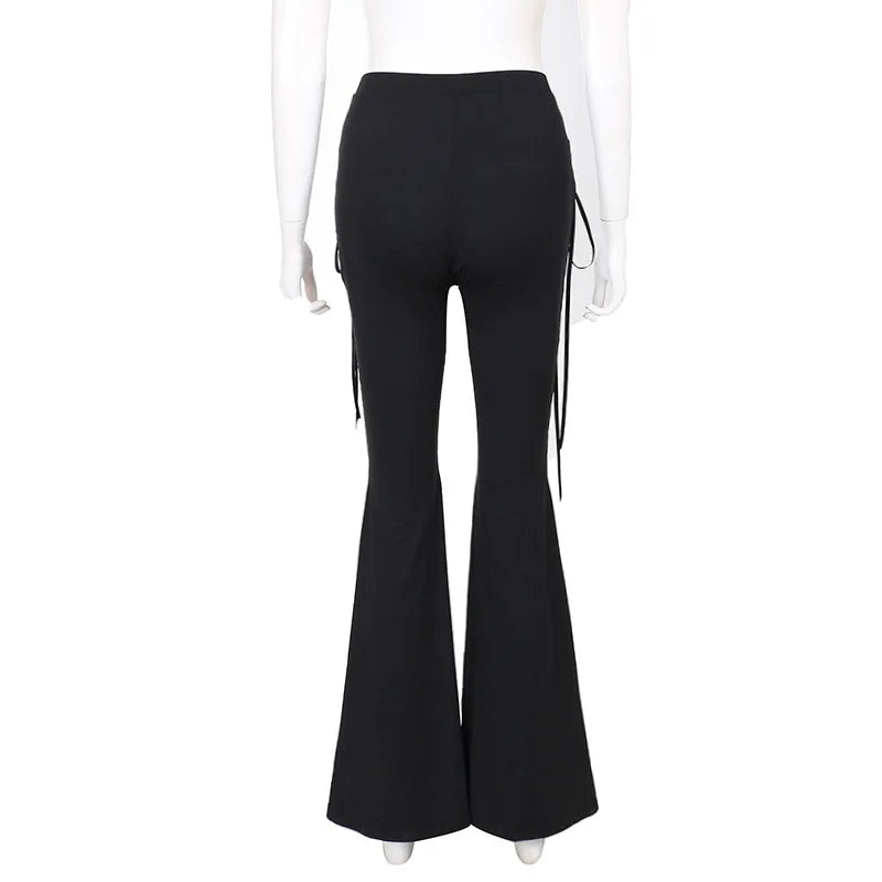 Dark Black Punk Flared Pants Long Trouser Women Lace Up Front Hollow Cut Out Bell Bottom Tied Up High Waist