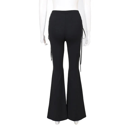 Dark Black Punk Flared Pants Long Trouser Women Lace Up Front Hollow Cut Out Bell Bottom Tied Up High Waist