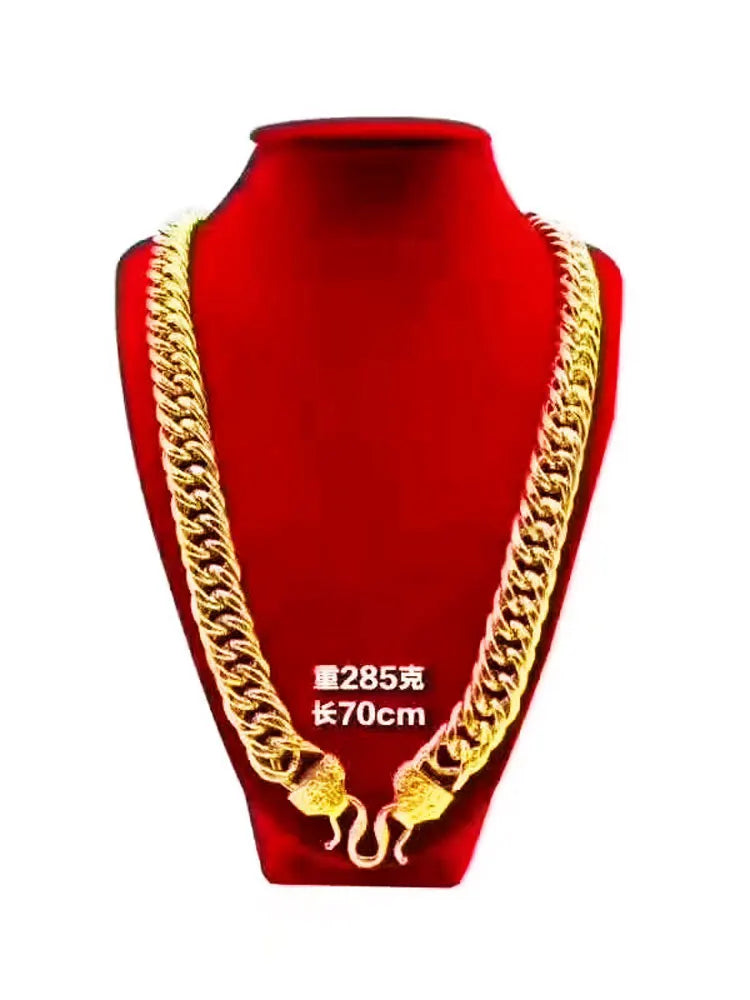 9999 24K real gold jewelry men's necklace snake bone boss chain flat Fu character buckle horse whip necklace