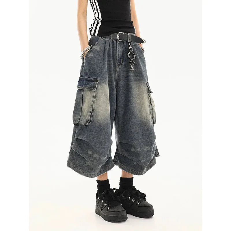 American Style Women Vintage Washed Workwear Denim Shorts with Multiple Pockets Pleated Design Loose Drapey Seven-Foot Pants