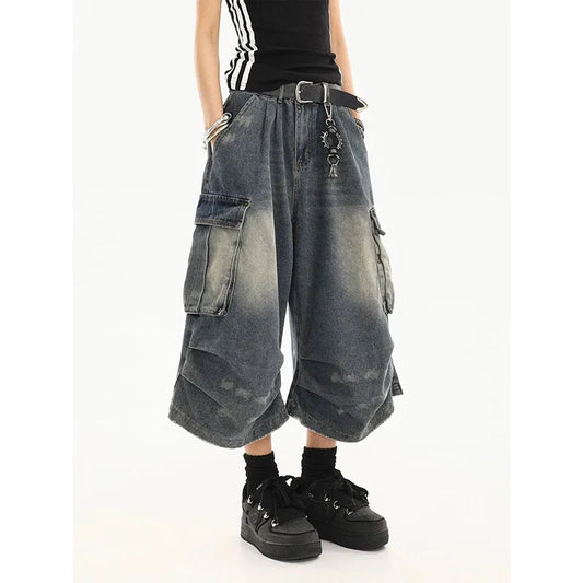 American Style Women Vintage Washed Workwear Denim Shorts with Multiple Pockets Pleated Design Loose Drapey Seven-Foot Pants