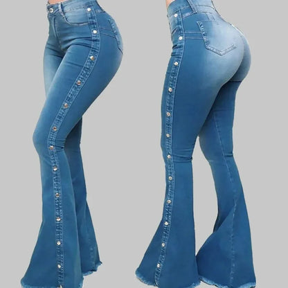 High Waist Strecth Denim Flare Pants Female Floor Length