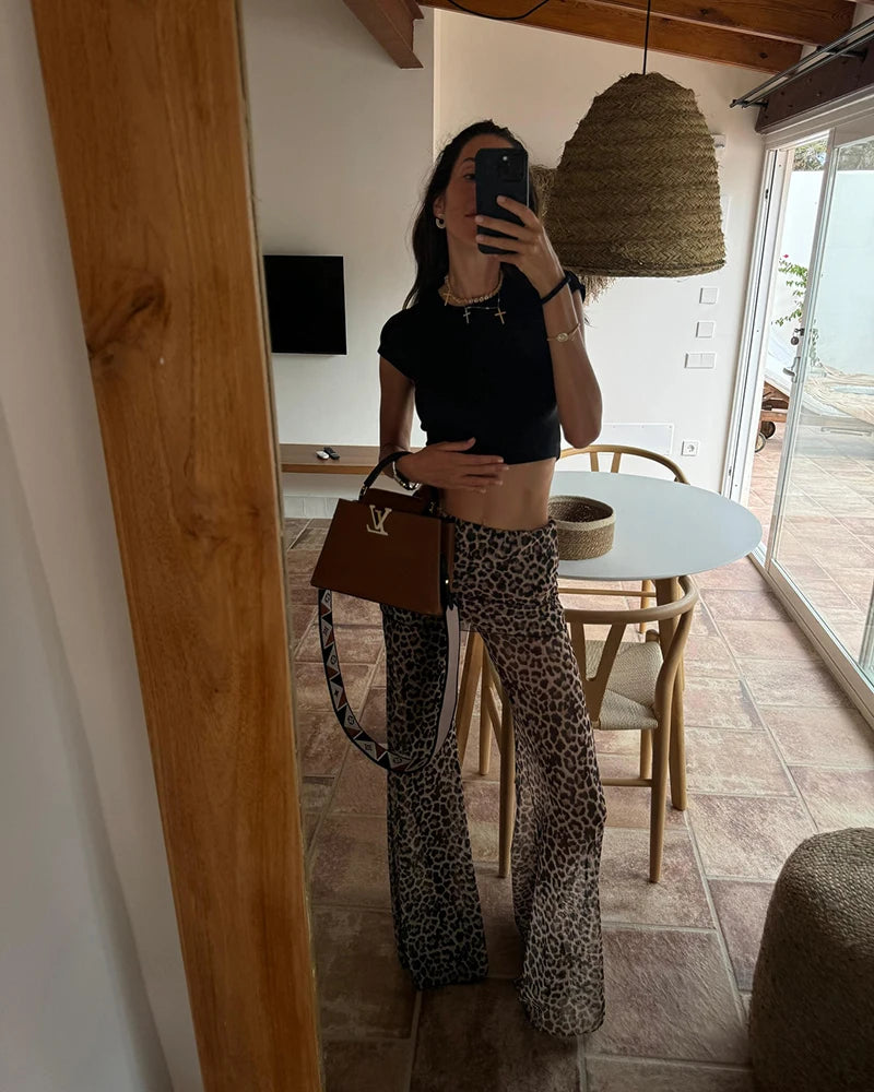 Mesh Leopard Print Trousers High Waist Print Wide Leg Pants Printed