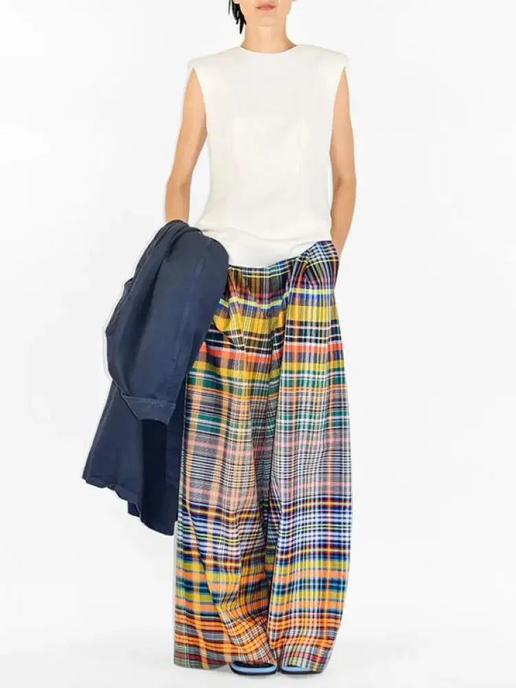 Oversized High Waist Wide Leg Pants Checkerboard Printed Casual High Street Trousers