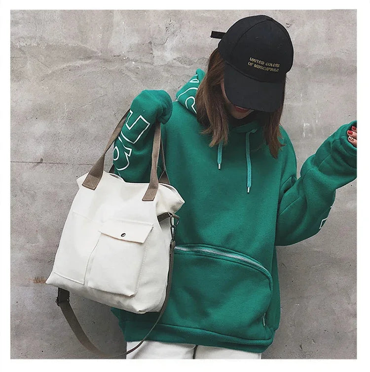 Fashion Canvas Bags Students Handbag Shoulder Bag Large Capacity Solid Color Totes Shopper Bag Casual Female CrossBody 2024