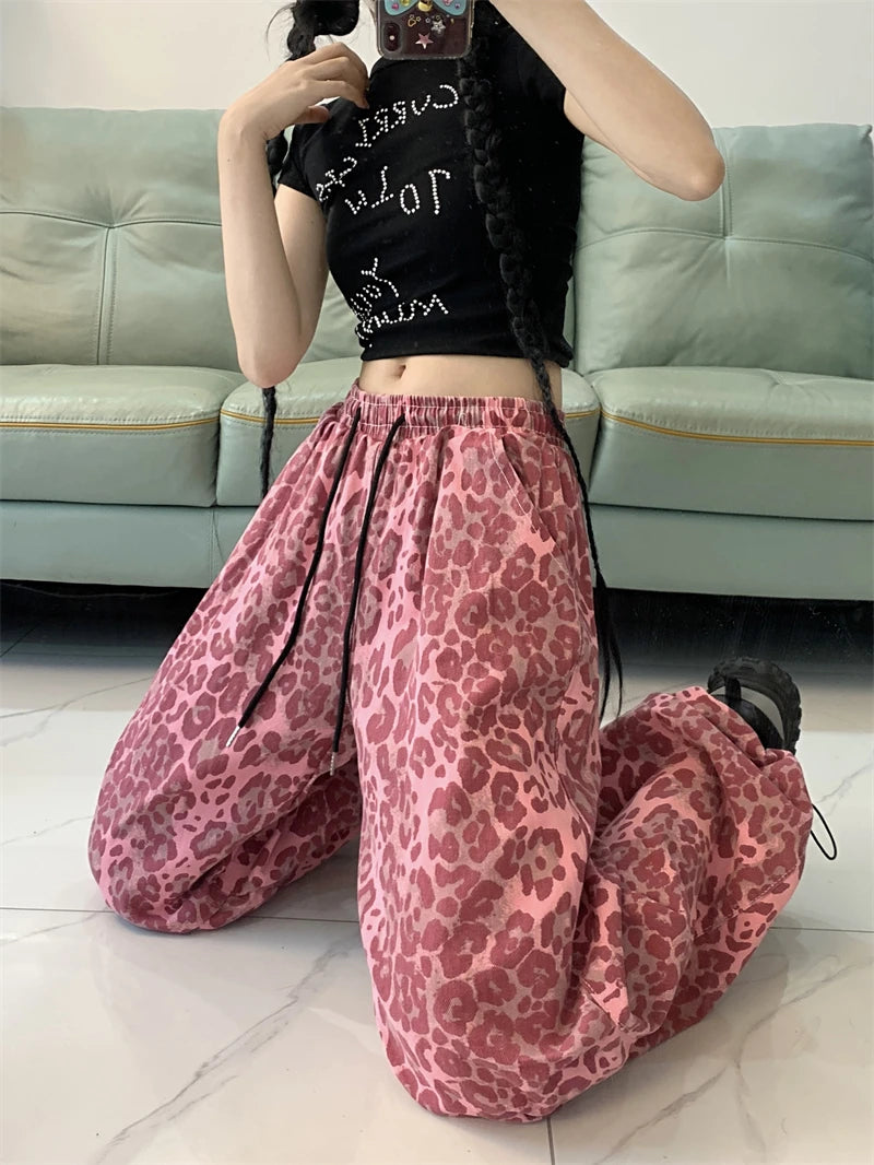Women's Red Leopard Pants Jogger Harajuku Streetwear Sweatpants Loose Pants Y2k Retro 2000s Aesthetic Vintage Trousers Clothes