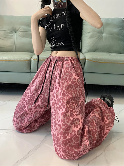 Women's Red Leopard Pants Jogger Harajuku Streetwear Sweatpants Loose Pants Y2k Retro 2000s Aesthetic Vintage Trousers Clothes